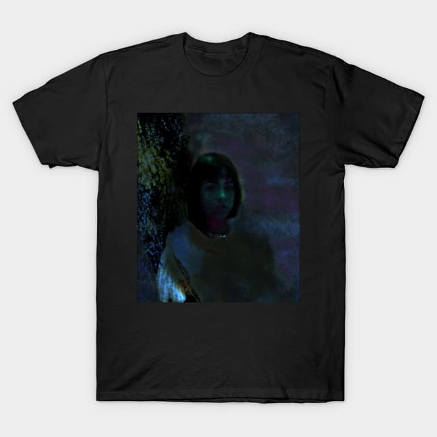 Portrait, digital collage and special processing. Lovely girl, sitting near tree. Night dreams. Blue and aquamarine. T-Shirt by 234TeeUser234